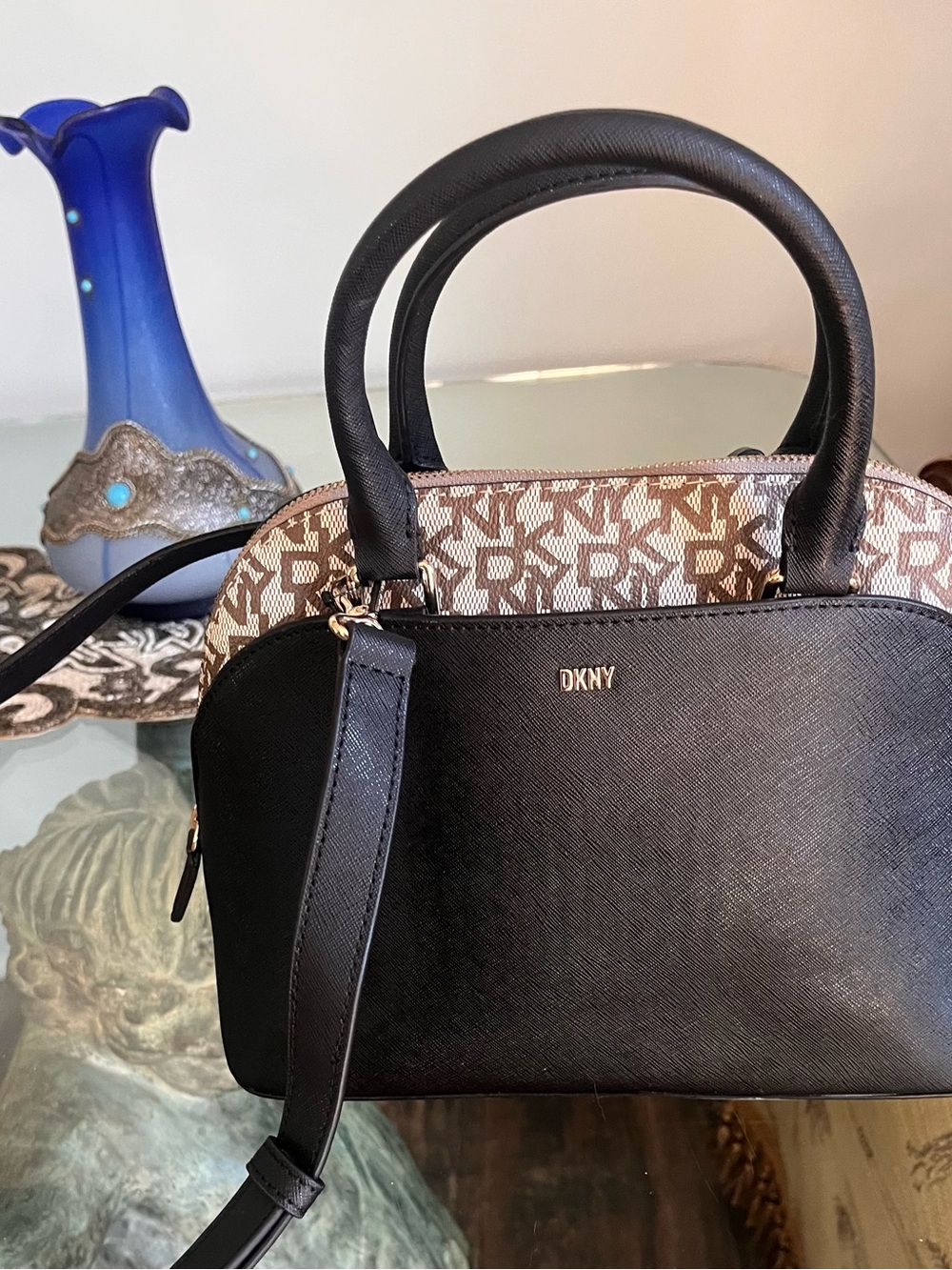 Brand New with tags DKNY Black and Beige Logo Dome Satchel with Crossbody Strap